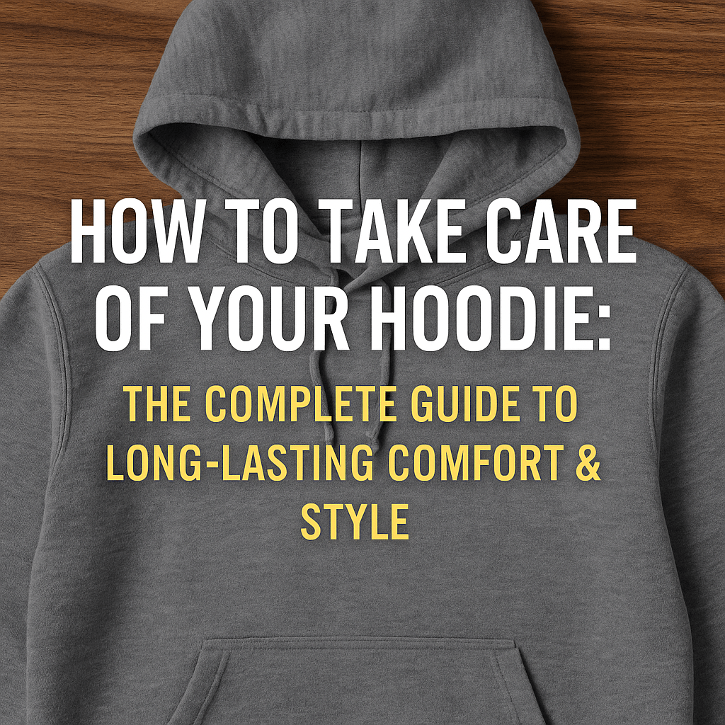 Flat lay of a gray hoodie on a wooden surface with bold text overlay that reads "How to Take Care of Your Hoodie: The Complete Guide to Long-Lasting Comfort & Style." Ideal image for a blog post on hoodie care and washing tips