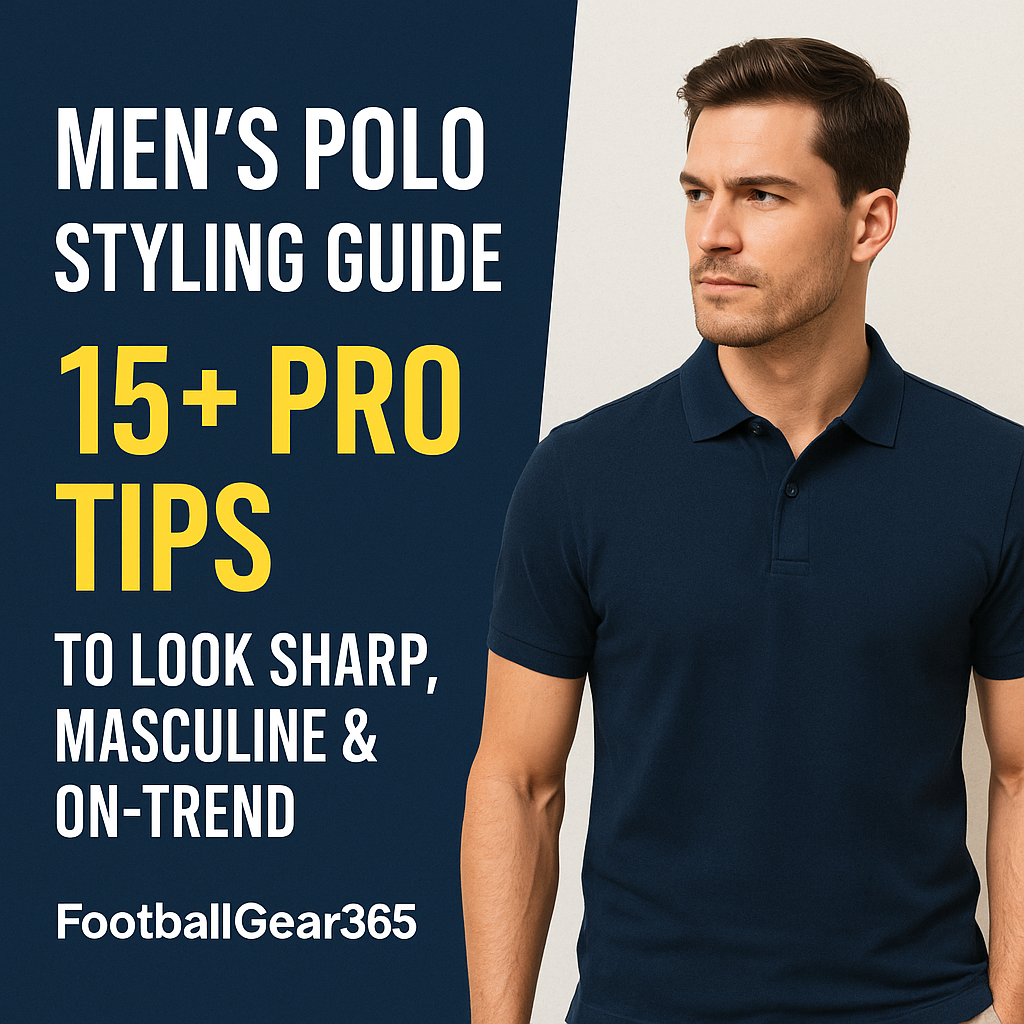The image includes bold text: ‘Men’s Polo Styling Guide – 15+ Pro Tips to Look Sharp, Masculine & On-Trend’. Designed for a modern, stylish men's fashion blog article on how to wear polo shirts
