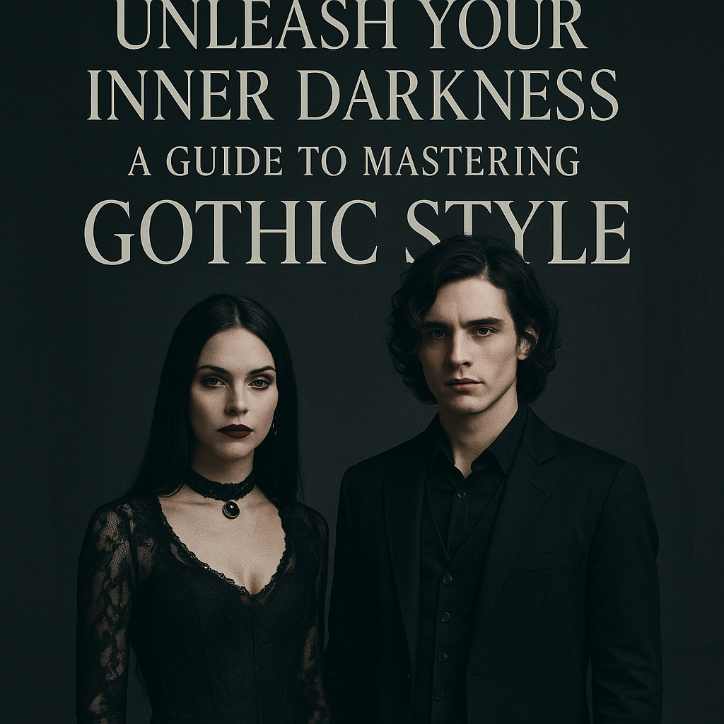 Gothic fashion illustration featuring a male and female figure dressed in black leather, lace, and Victorian-inspired accessories symbolizing the theme of 'Unleash Your Inner Darkness: A Guide to Mastering Gothic Style'