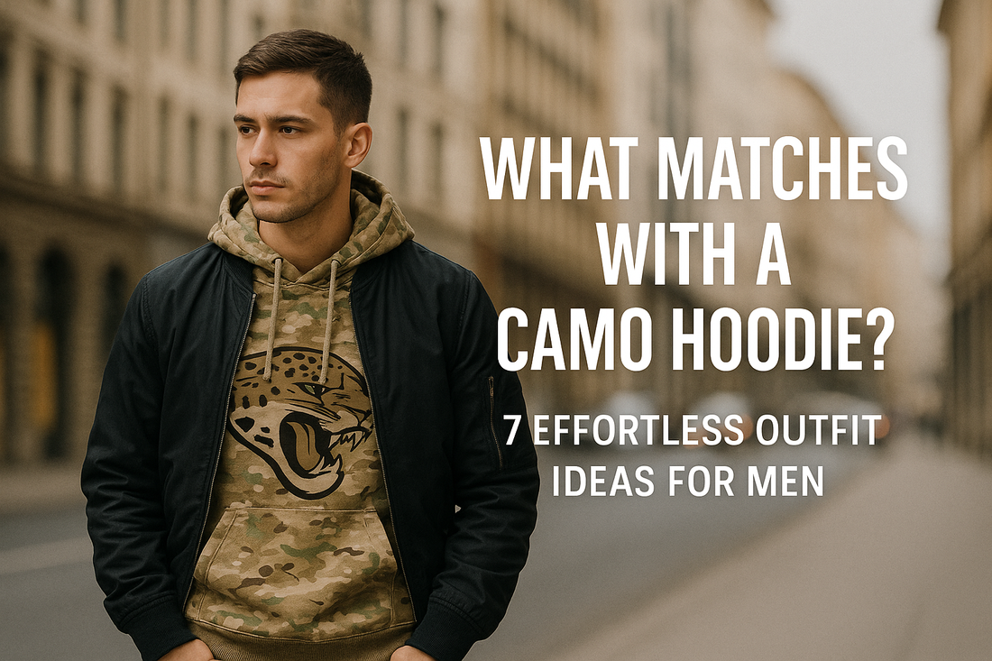 Young man wearing a men's Jacksonville Jaguars Camo Hoodie walking in the city — blog banner for What Matches with a Camo Hoodie? 7 Effortless Outfit Ideas for Men on FootballGear365.