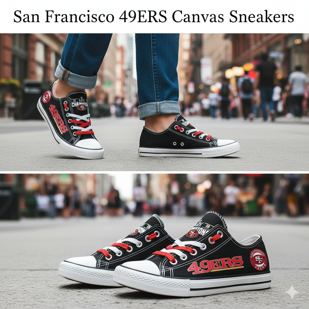 San Francisco 49ERS canvas sneakers – lifestyle streetwear look on the left and close-up product view on the right, perfect shoes for NFL fans and sports lovers