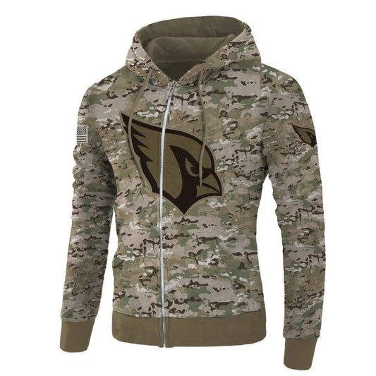 Front view of Arizona Cardinals Camo Zipper Hoodie – Military Style with camouflage print, and Arizona Cardinals logo on chest – and front kangaroo pocket, unisex fit