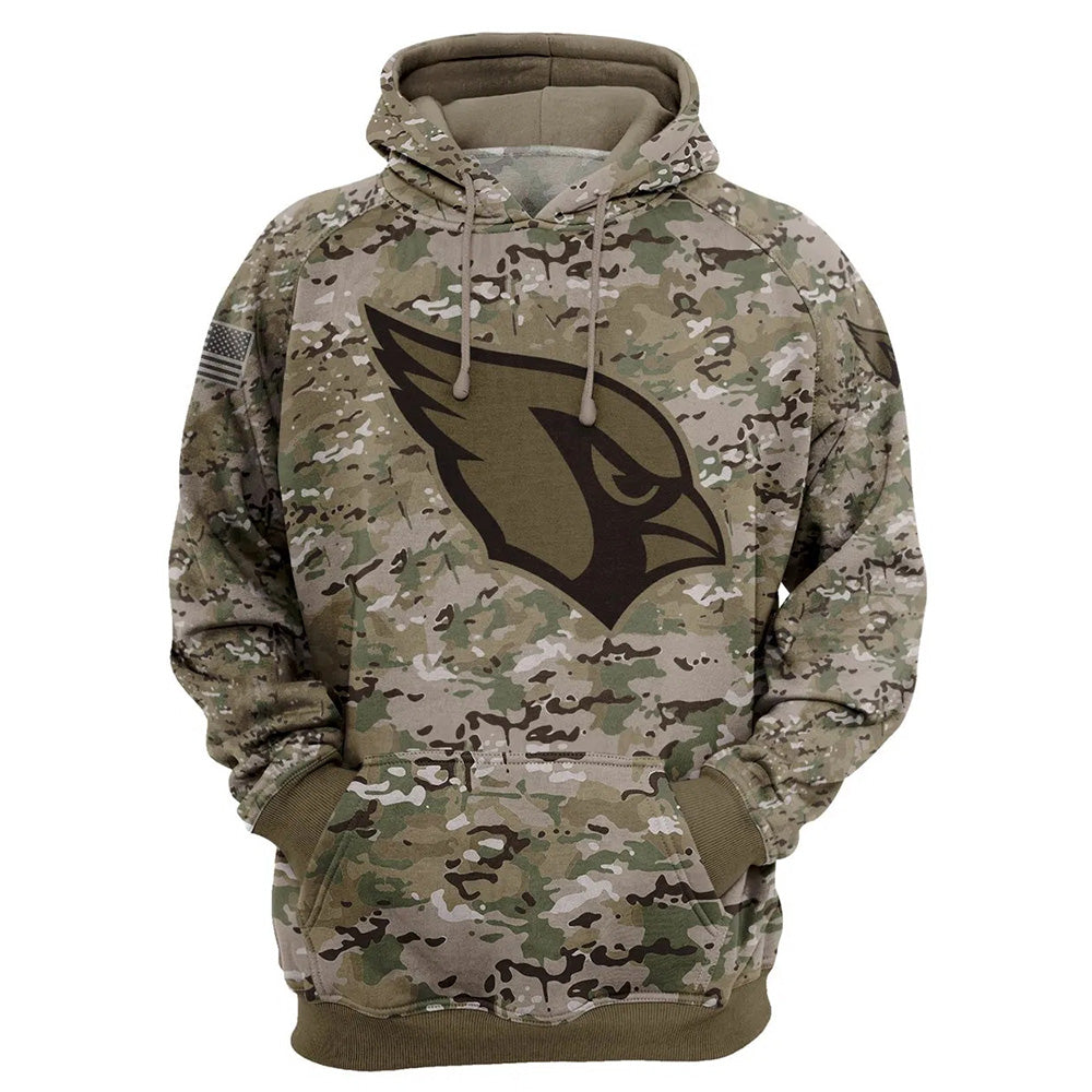 Arizona Cardinals Camo Pullover Hoodie – Military Style featuring large Arizona Cardinals logo on chest, camouflage design, and front kangaroo pocket – unisex and US sizing