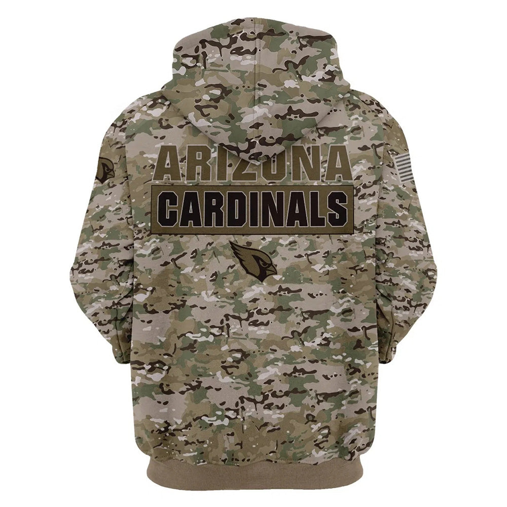 Back view of Arizona Cardinals Camo Hoodie – Military Style showing bold ARIZONA CARDINALS text with team logo and military camouflage pattern