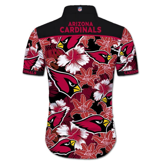 Back view of Arizona Cardinals Hawaiian Shirt featuring bold team name and logo, tropical hibiscus floral pattern, black shoulder panel, men's short-sleeve button-down.