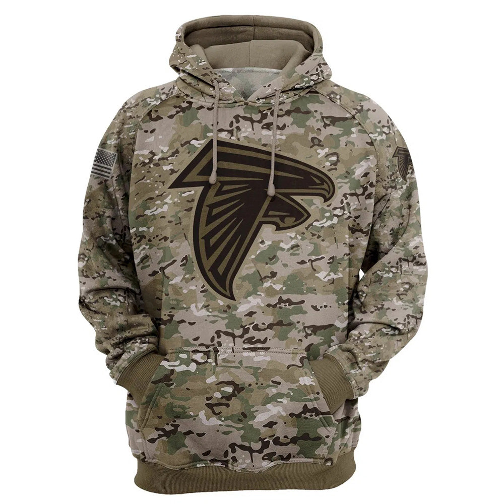 Atlanta Falcons Camo Pullover Hoodie – Military Style featuring large Atlanta Falcons logo on chest, camouflage design, and front kangaroo pocket – unisex and US sizing
