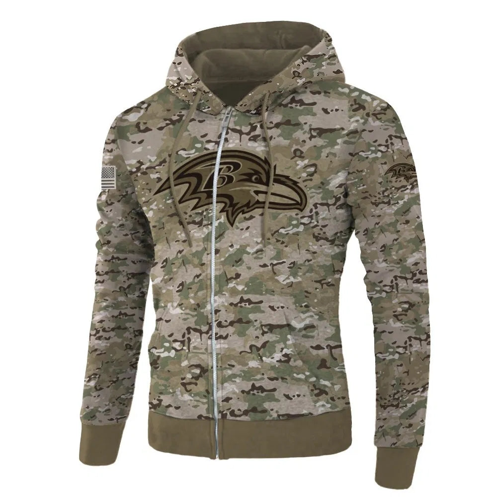 Front view of Baltimore Ravens Camo Zipper Hoodie – Military Style with camouflage print, and Baltimore Ravens logo on chest – and front kangaroo pocket, unisex fit