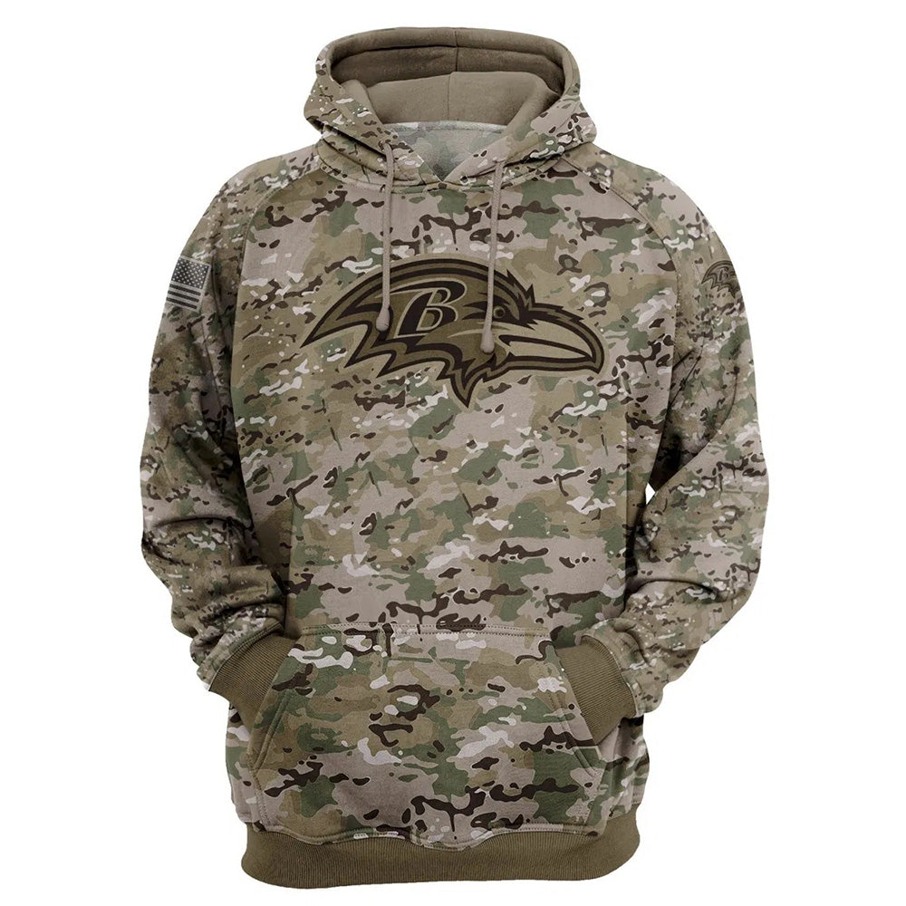 Baltimore Ravens Camo Pullover Hoodie – Military Style featuring large Baltimore Ravens logo on chest, camouflage design, and front kangaroo pocket – unisex and US sizing
