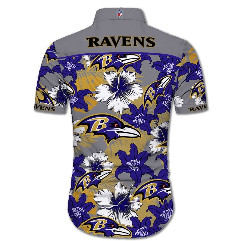Back view of Baltimore Ravens Hawaiian Shirt featuring bold team name and logo, tropical hibiscus floral pattern, GRAY shoulder panel, men's short-sleeve button-down.