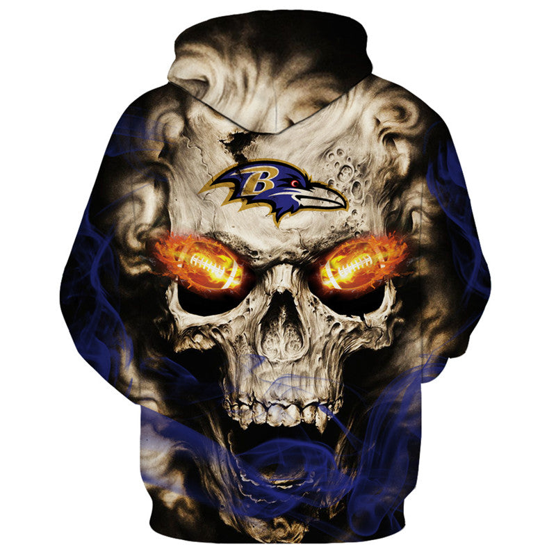 Back view of Baltimore Ravens Skull Hoodie – Red Inferno Edition, showcasing a bold skull print with electric red eye effects and Baltimore Ravens logo