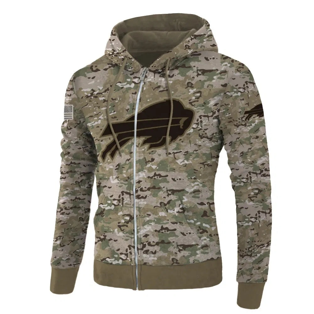 Front view of Buffalo Bills Camo Zipper Hoodie – Military Style with camouflage print, and Buffalo Bills logo on chest – and front kangaroo pocket, unisex fit
