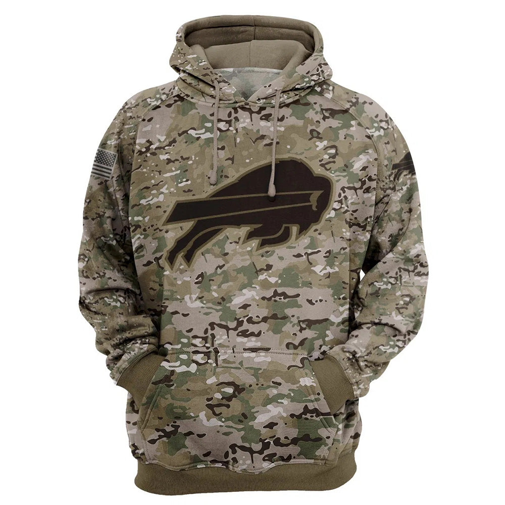 Buffalo Bills Camo Pullover Hoodie – Military Style featuring large Buffalo Bills logo on chest, camouflage design, and front kangaroo pocket – unisex and US sizing