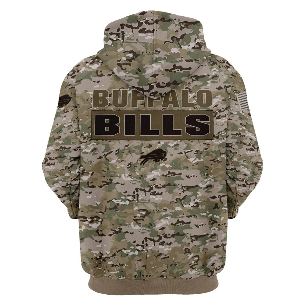 Back view of Buffalo Bills Camo Hoodie – Military Style showing bold BUFFALO BILLS text with team logo and military camouflage pattern