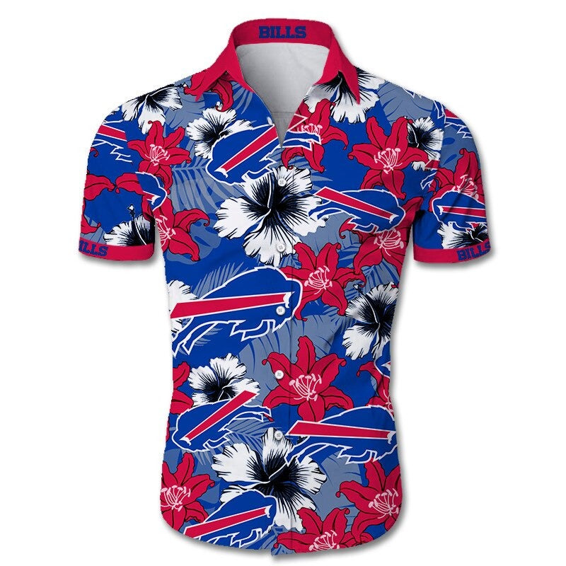 Front view of Buffalo Bills Hawaiian Shirt – Men's Summer Aloha Button Down with vibrant RED & BLUE floral design and team logo, short sleeves, US sizing.