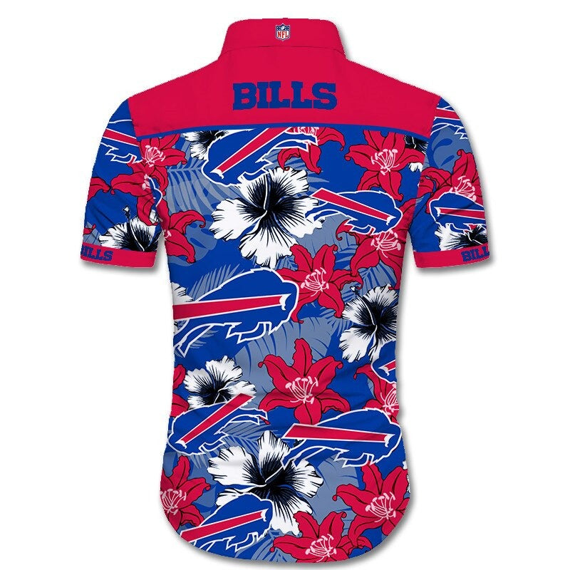 Back view of Buffalo Bills Hawaiian Shirt featuring bold team name and logo, tropical hibiscus floral pattern, RED shoulder panel, men's short-sleeve button-down.