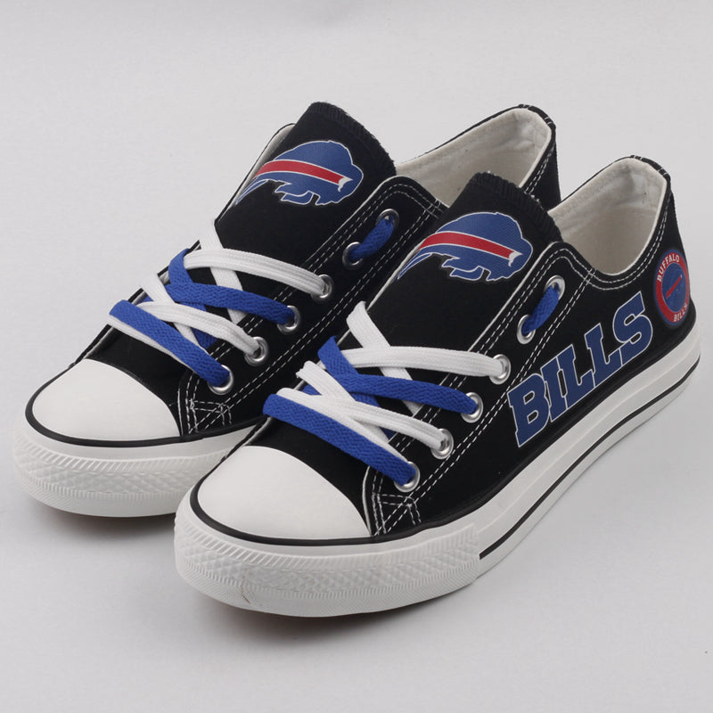 Pair of black Buffalo Bills canvas low-top shoes with blue and white laces. Features the team's buffalo logo and bold "BILLS" text. Ideal NFL fan gear.