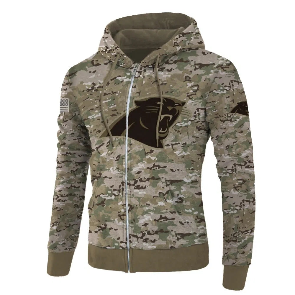 Front view of Carolina Panthers Camo Zipper Hoodie – Military Style with camouflage print, and Carolina Panthers logo on chest – and front kangaroo pocket, unisex fit