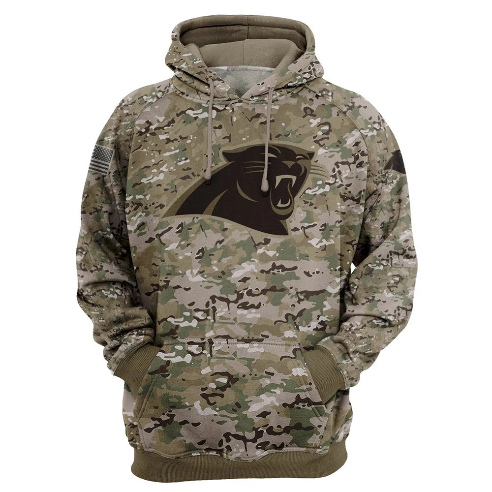 Carolina Panthers Camo Pullover Hoodie – Military Style featuring large Carolina Panthers logo on chest, camouflage design, and front kangaroo pocket – unisex and US sizing