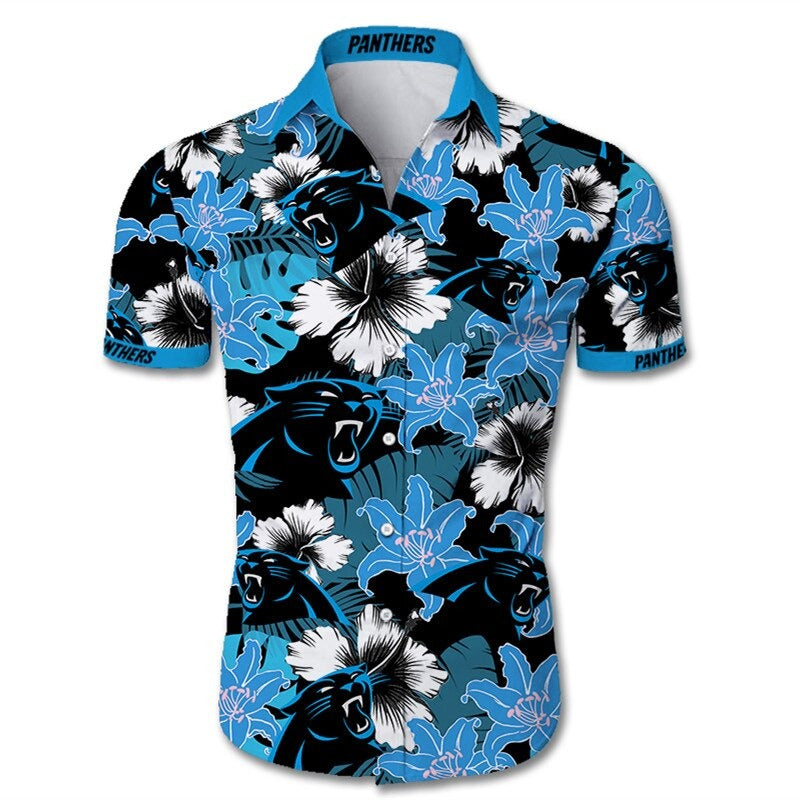 Front view of Carolina Panthers Hawaiian Shirt – Men's Summer Aloha Button Down with vibrant Black & Blue floral design and team logo, short sleeves, US sizing.