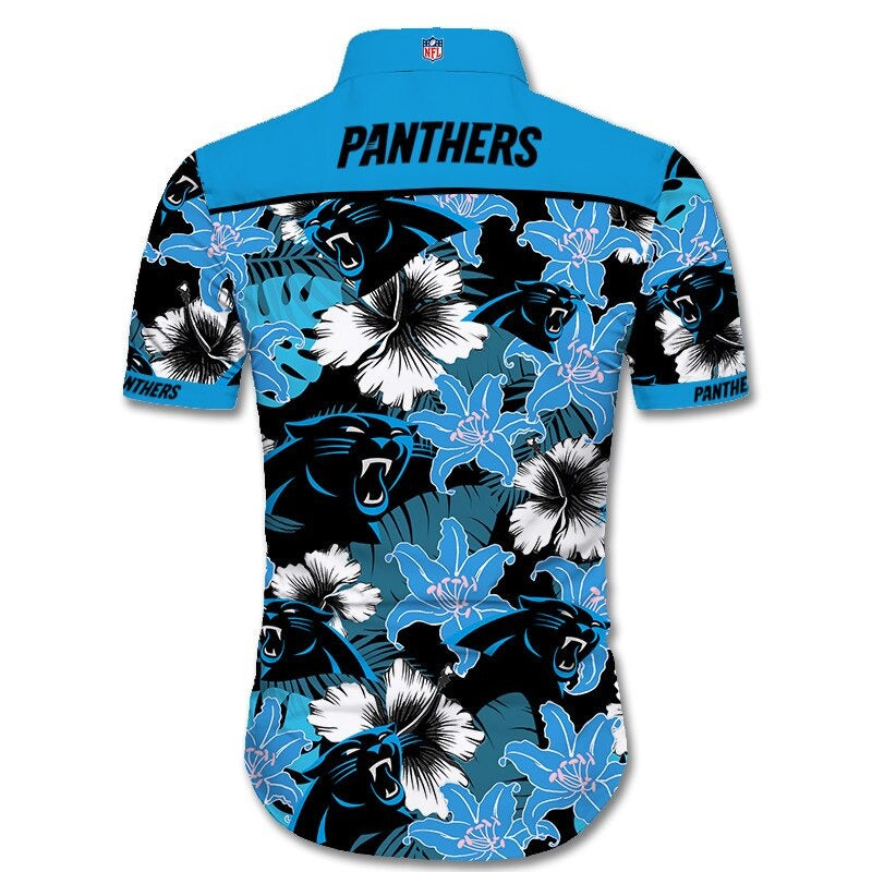 Back view of Carolina Panthers Hawaiian Shirt featuring bold team name and logo, tropical hibiscus floral pattern, Blue shoulder panel, men's short-sleeve button-down.