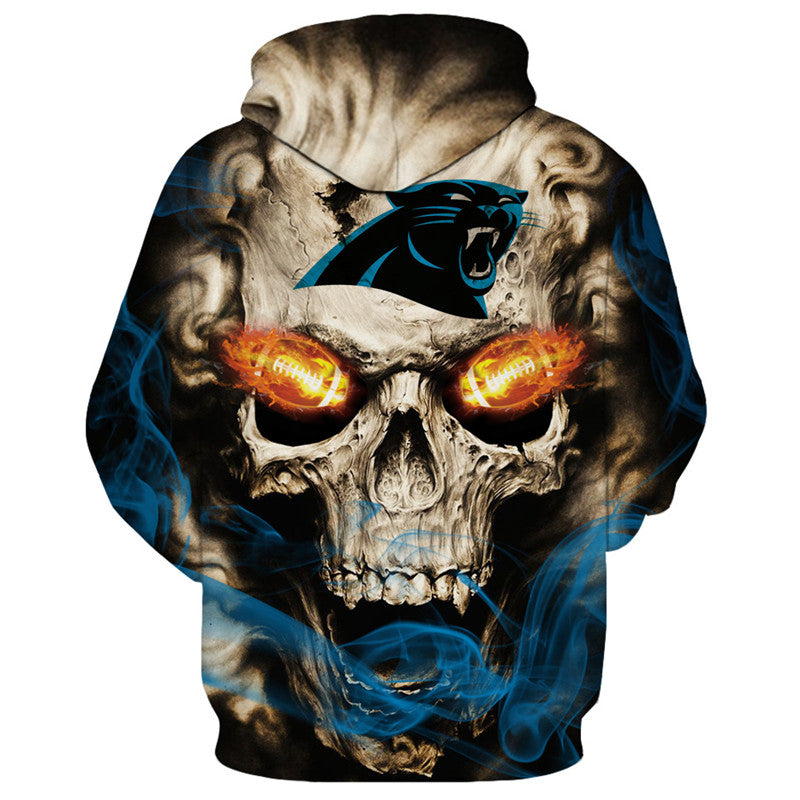 Back view of Carolina Panthers Skull Hoodie – Red Inferno Edition, showcasing a bold skull print with electric red eye effects and Carolina Panthers logo