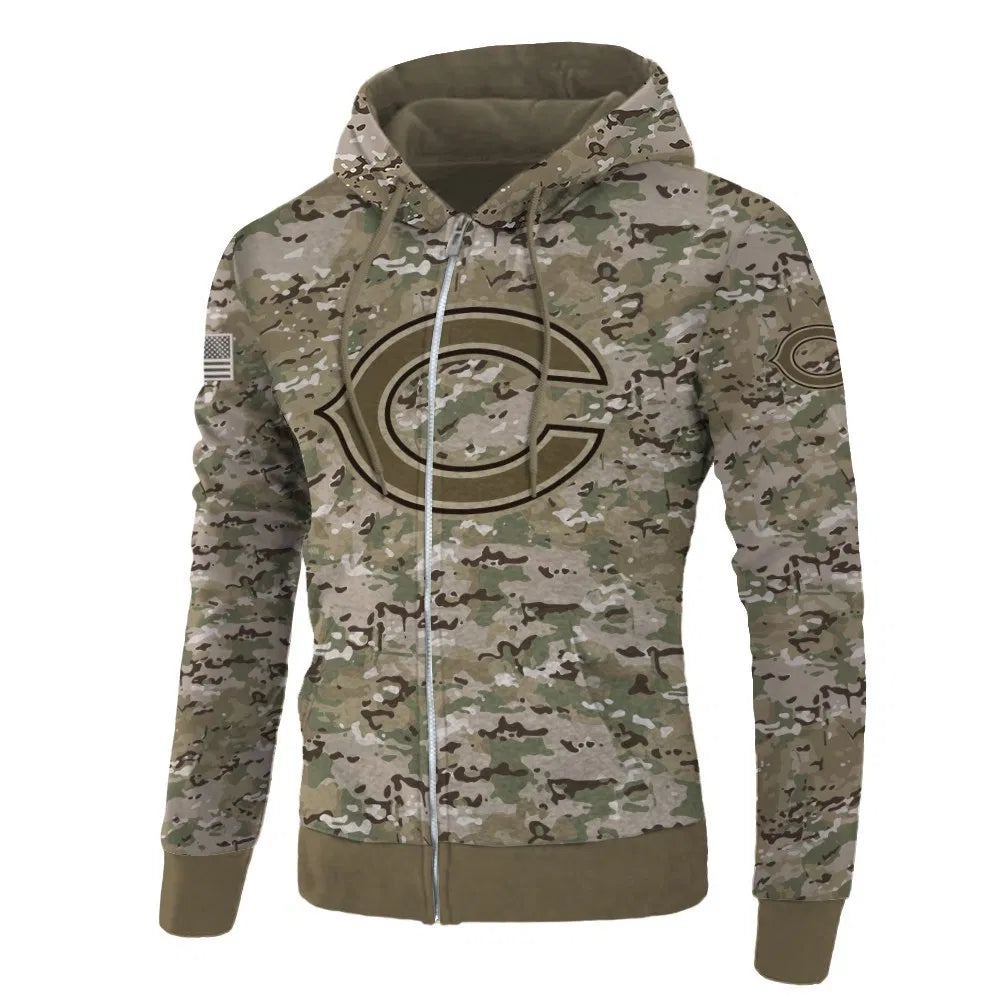 Front view of Chicago Bears Camo Zipper Hoodie – Military Style with camouflage print, and Chicago Bears logo on chest – and front kangaroo pocket, unisex fit