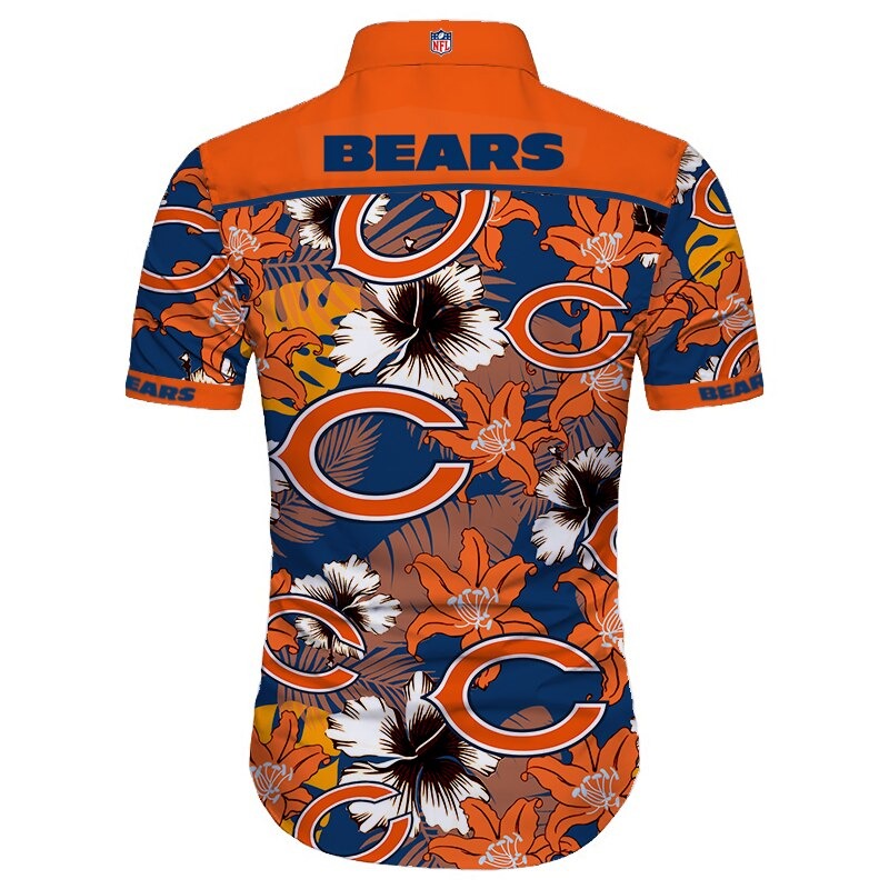 Back view of Chicago Bears Hawaiian Shirt featuring bold team name and logo, tropical hibiscus floral pattern, ORANGE shoulder panel, men's short-sleeve button-down.