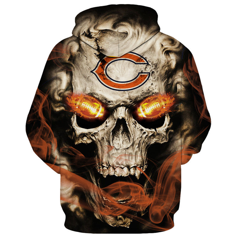 Back view of Chicago Bears Skull Hoodie – Red Inferno Edition, showcasing a bold skull print with electric red eye effects and Chicago Bears logo
