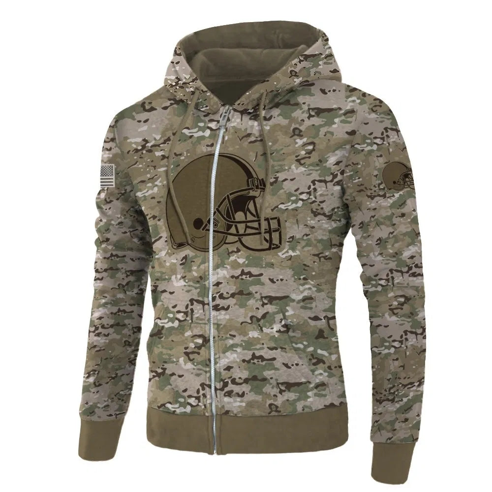 Front view of Cleveland Browns Camo Zipper Hoodie – Military Style with camouflage print, and Cleveland Browns logo on chest – and front kangaroo pocket, unisex fit