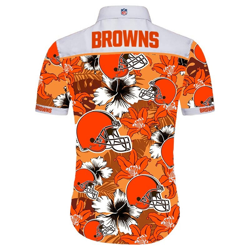 Back view of Cleveland Browns Hawaiian Shirt featuring bold team name and logo, tropical hibiscus floral pattern, WHITE shoulder panel, men's short-sleeve button-down.