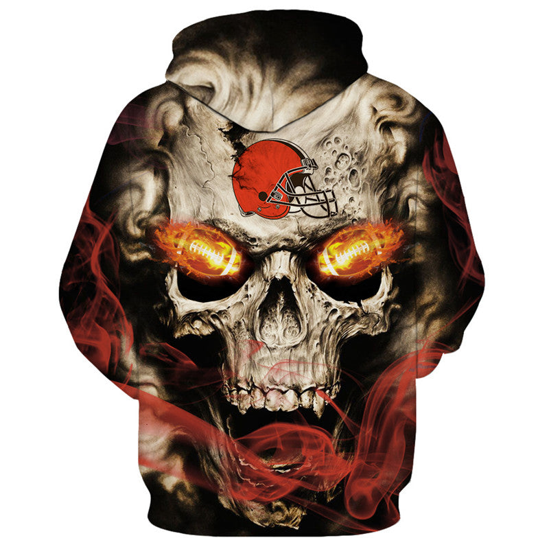 Back view of Cleveland Browns Skull Hoodie – Red Inferno Edition, showcasing a bold skull print with electric red eye effects and Cleveland Browns logo