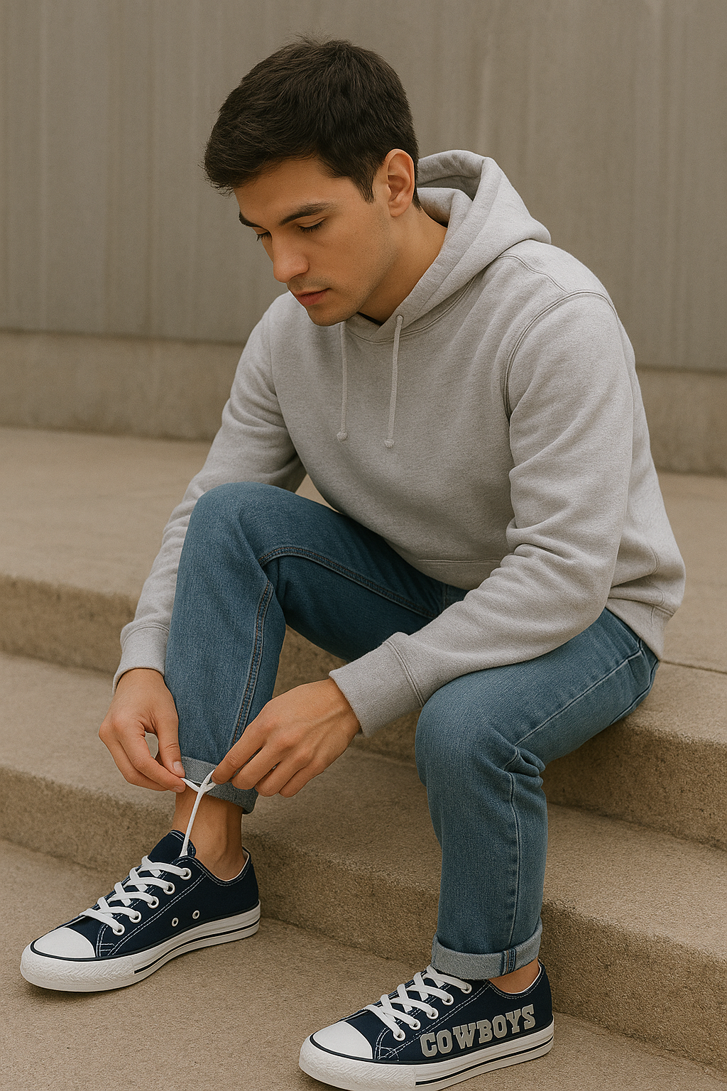 Male model sitting on stone steps tying the laces of Cowboys canvas shoes, dressed in a gray hoodie and blue jeans. Great for everyday fan footwear.