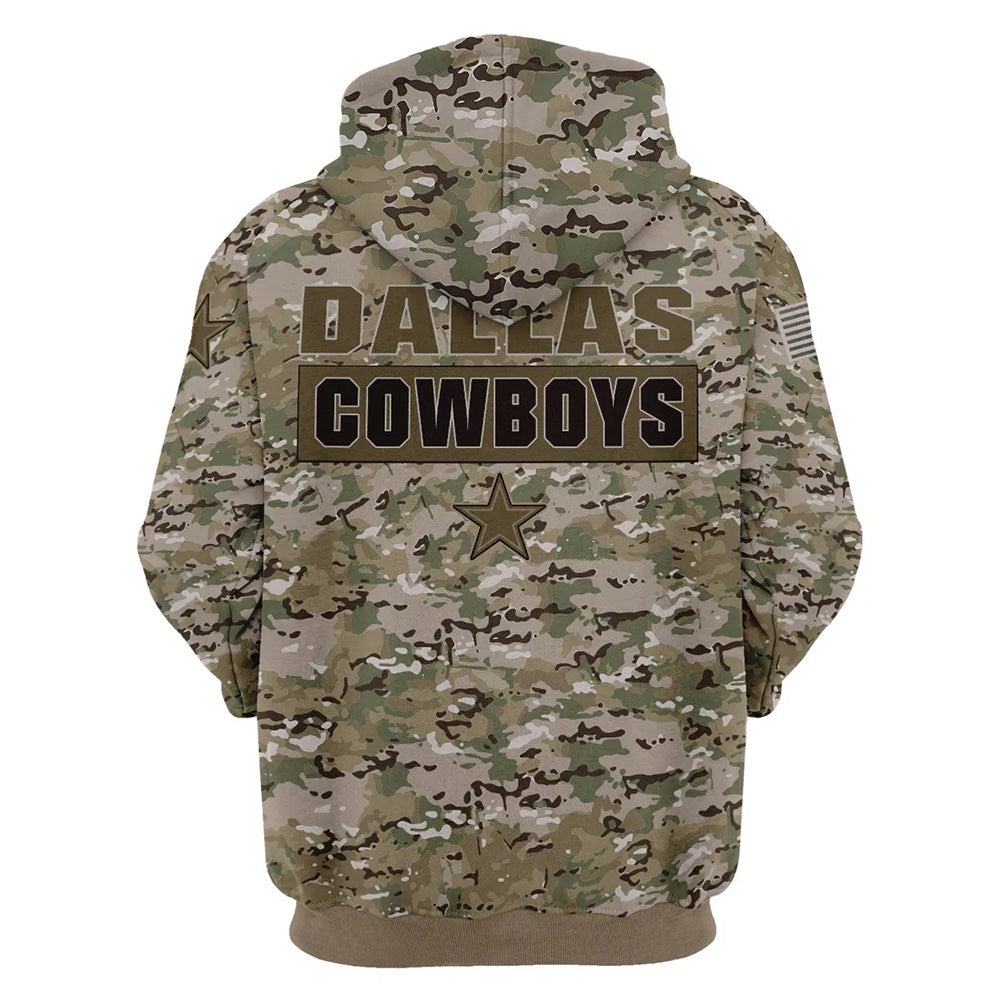 Back view of Dallas Cowboys Camo Hoodie – Military Style showing bold DALLAS COWBOYS text with team logo and military camouflage pattern