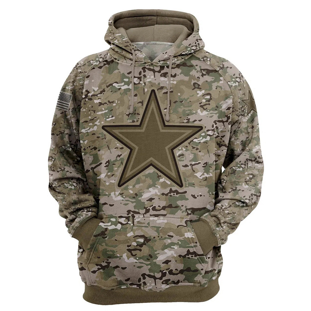 Dallas Cowboys Camo Pullover Hoodie – Military Style featuring large Dallas Cowboys logo on chest, camouflage design, and front kangaroo pocket – unisex and US sizing
