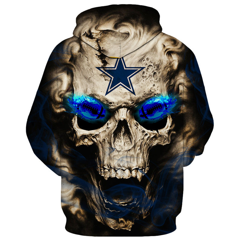 Back view of Dallas Cowboys Skull Hoodie – Blue Inferno Edition, showcasing a bold skull print with electric blue eye effects and Dallas Cowboys logo
