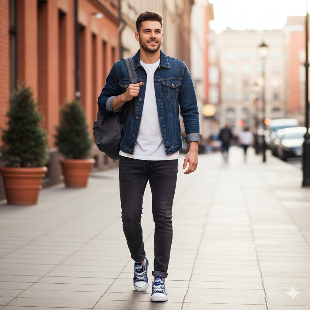 Male model wearing navy blue Dallas Cowboys canvas shoes with a white t-shirt, denim jacket, and dark jeans, walking on a city sidewalk