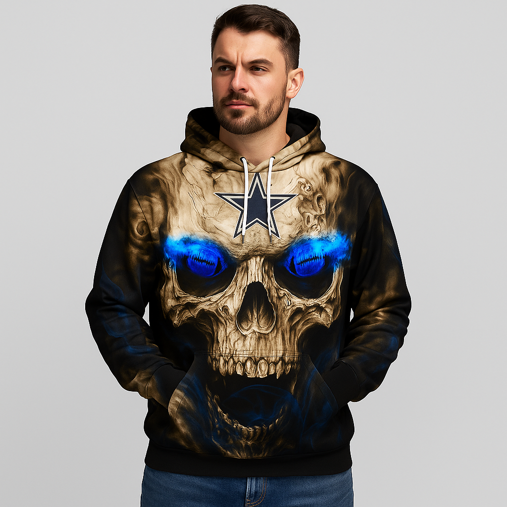 Man wearing Dallas Cowboys Skull Hoodie – Blue Inferno Edition, showcasing a bold skull print with electric blue eye effects and Dallas Cowboys logo