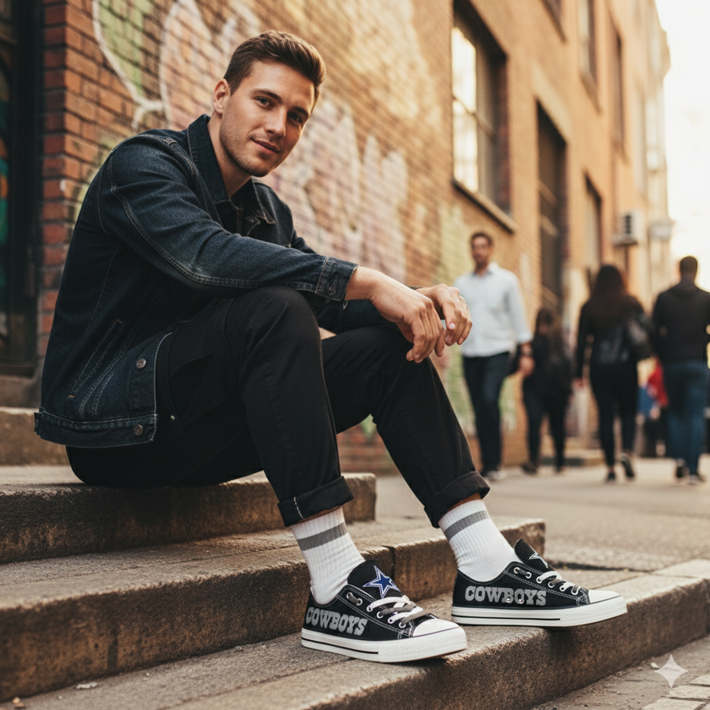 A young man wearing black Dallas Cowboys canvas low-top sneakers. Close-up view highlights the "COWBOYS" lettering on the side and the star logo on the tongue, paired with dark jeans in an urban street setting.