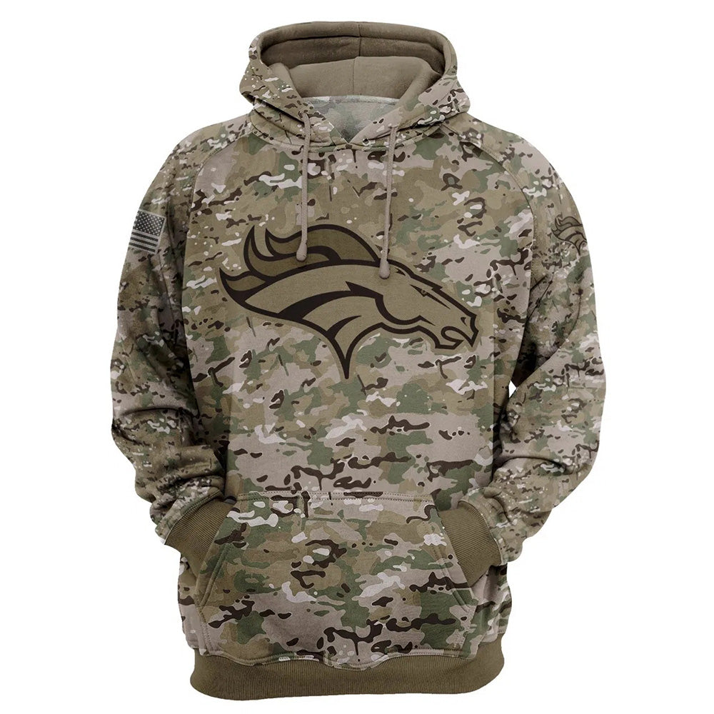 Denver Broncos Camo Pullover Hoodie – Military Style featuring large Denver Broncos logo on chest, camouflage design, and front kangaroo pocket – unisex and US sizing
