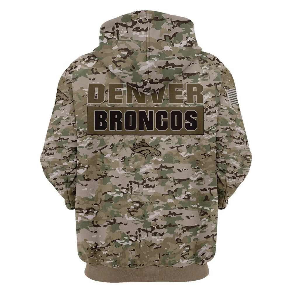 Back view of Denver Broncos Camo Hoodie – Military Style showing bold DENVER BRONCOS text with team logo and military camouflage pattern