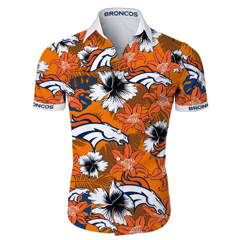 Front view of Denver Broncos Hawaiian Shirt – Men's Summer Aloha Button Down with vibrant orange floral design and team logo, short sleeves, US sizing.