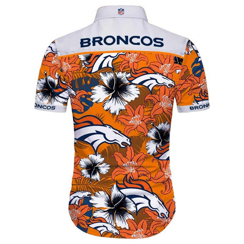Back view of Denver Broncos Hawaiian Shirt featuring bold team name and logo, tropical hibiscus floral pattern, WHITE shoulder panel, men's short-sleeve button-down.