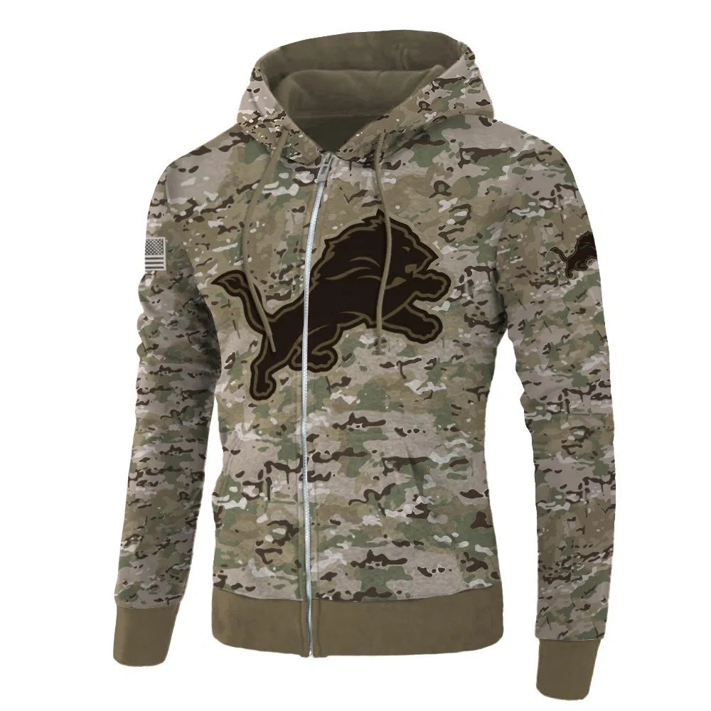 Front view of Detroit Lions Camo Zipper Hoodie – Military Style with camouflage print, and Detroit Lions logo on chest – and front kangaroo pocket, unisex fit