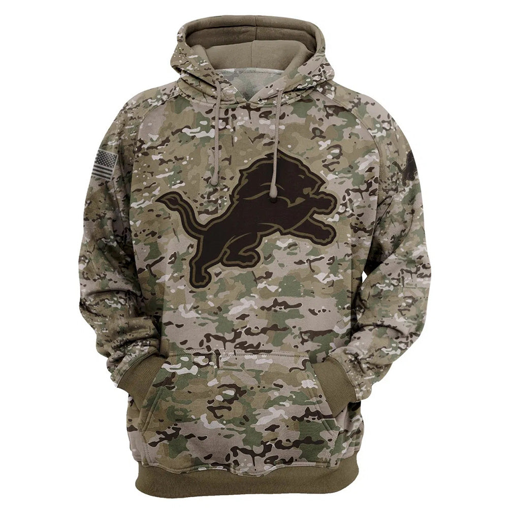 Detroit Lions Camo Pullover Hoodie – Military Style featuring large Detroit Lions logo on chest, camouflage design, and front kangaroo pocket – unisex and US sizing