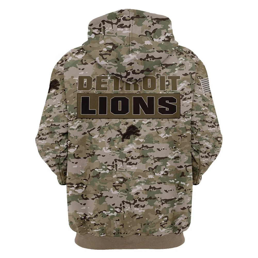 Back view of Detroit Lions Camo Hoodie – Military Style showing bold DETROIT LIONS text with team logo and military camouflage pattern