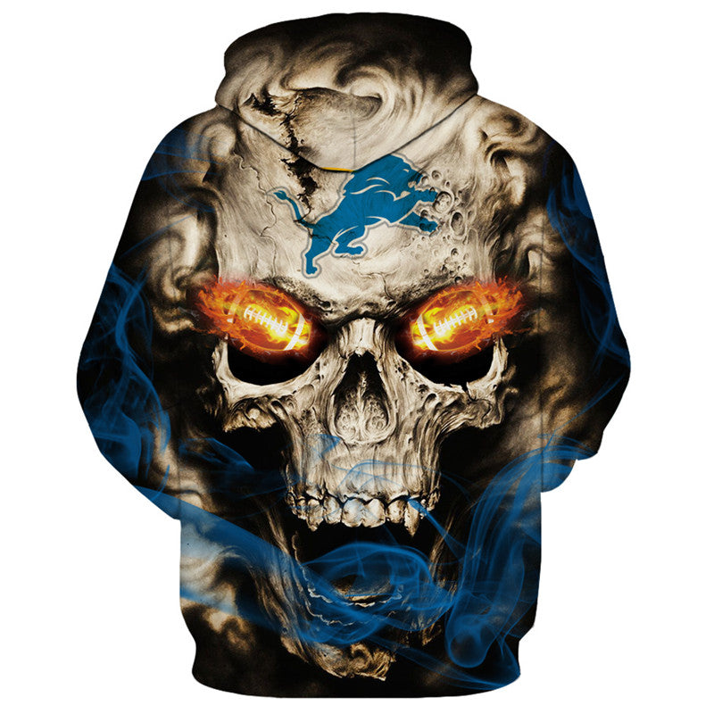 Back view of Detroit Lions Skull Hoodie – Red Inferno Edition, showcasing a bold skull print with electric red eye effects and Detroit Lions logo