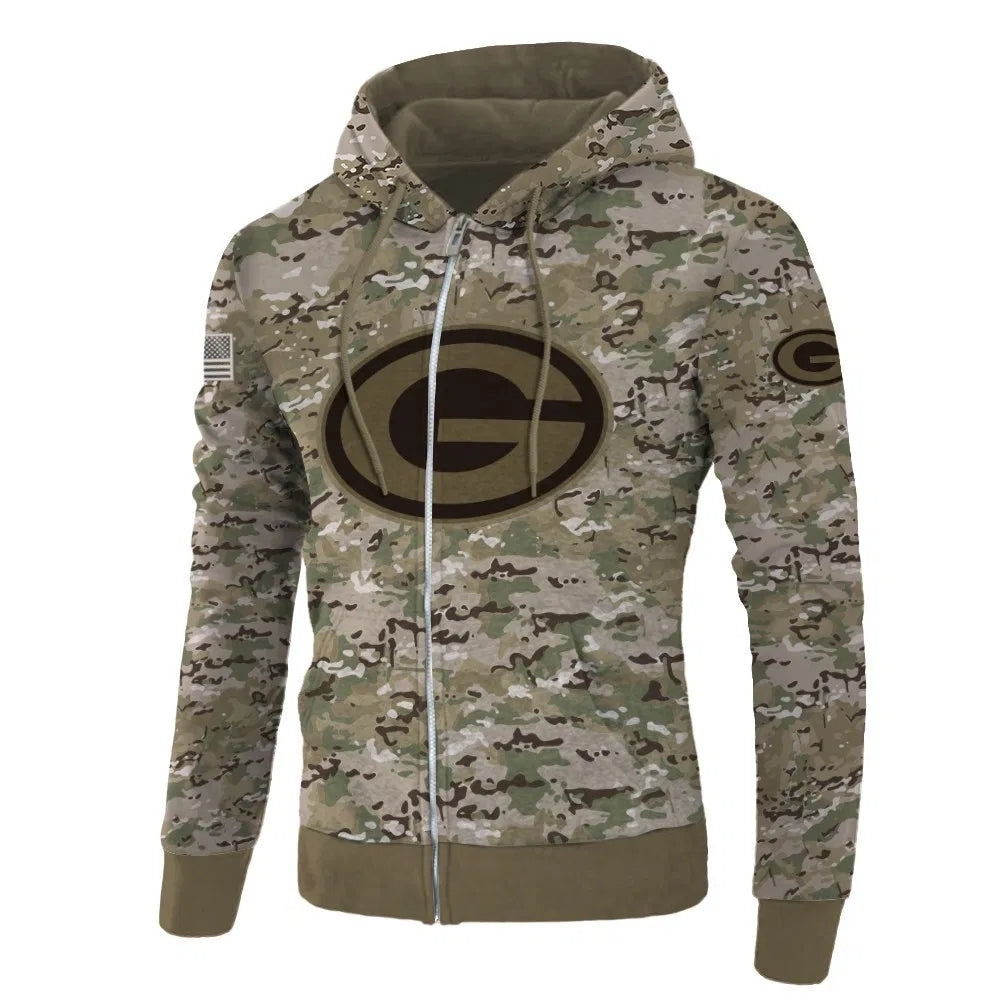 Front view of Green Bay Packers Camo Zipper Hoodie – Military Style with camouflage print, and Green Bay Packers logo on chest – and front kangaroo pocket, unisex fit