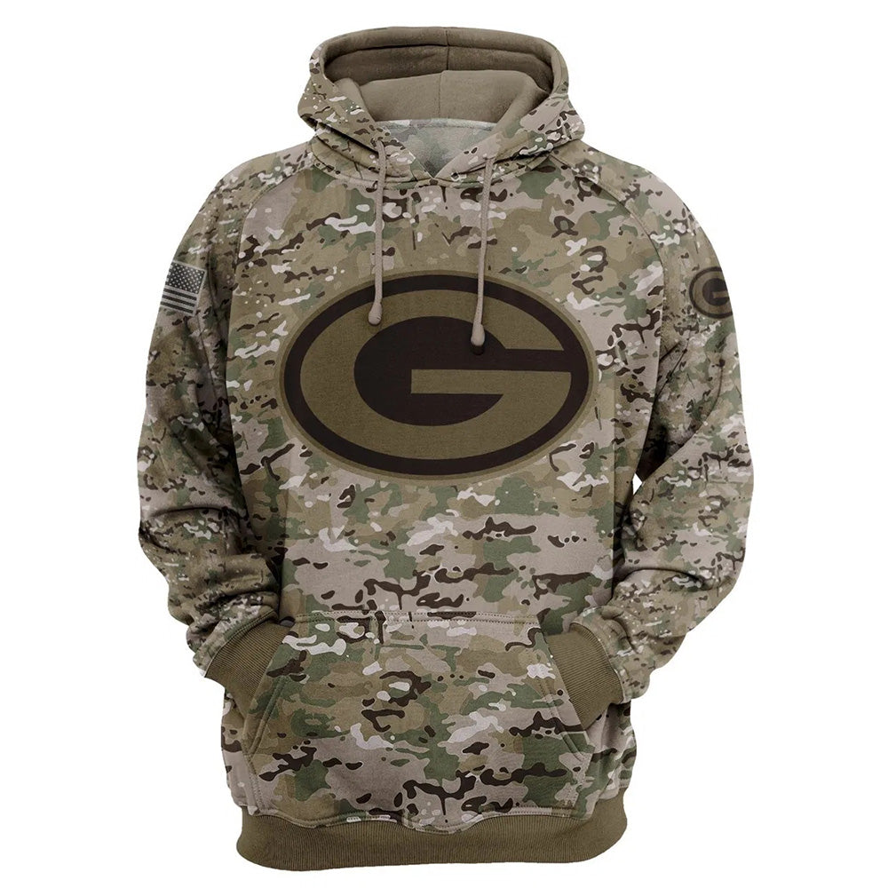 Green Bay Packers Camo Pullover Hoodie – Military Style featuring large Green Bay Packers logo on chest, camouflage design, and front kangaroo pocket – unisex and US sizing