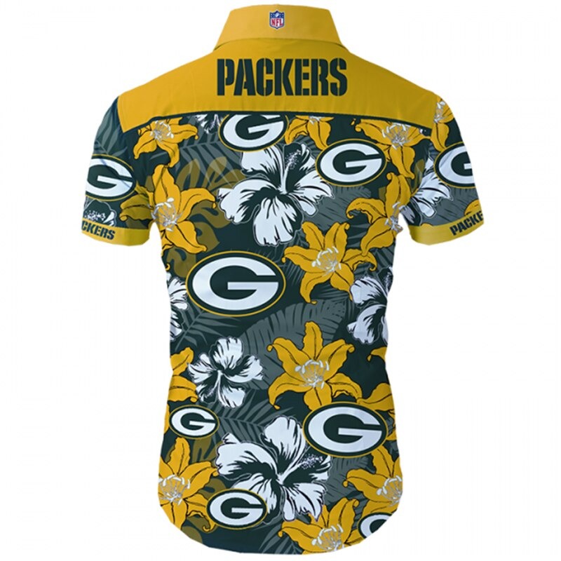 Back view of Green Bay Packers Hawaiian Shirt featuring bold team name and logo, tropical hibiscus floral pattern, YELLOW shoulder panel, men's short-sleeve button-down.