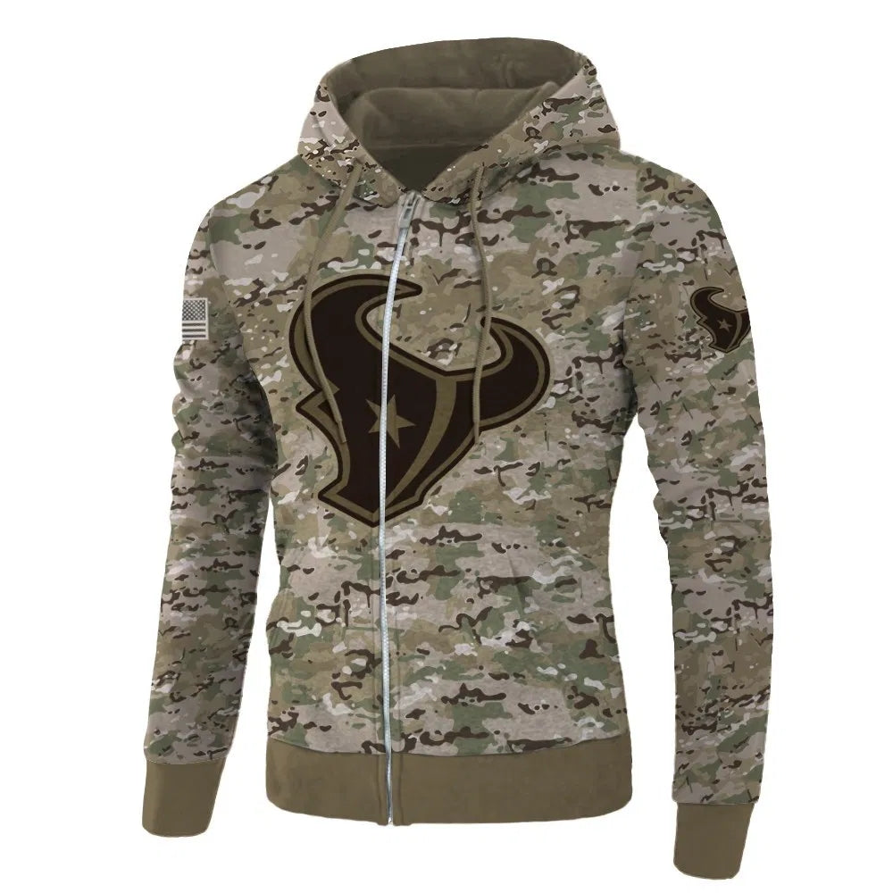 Front view of Houston Texans Camo Zipper Hoodie – Military Style with camouflage print, and Houston Texans logo on chest – and front kangaroo pocket, unisex fit